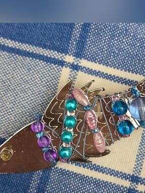 Liztech Fish Brooch Beaded Mirror Signed Rare 3"